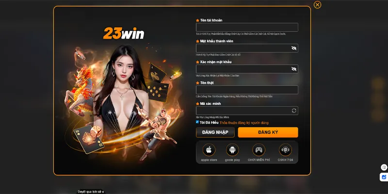 Click vào đăng ký và điền thông tin theo yêu cầu 23WIN
